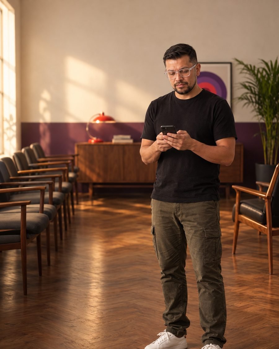 José Arroyo mirando el celular junto a una fila de sillas de espera vacías