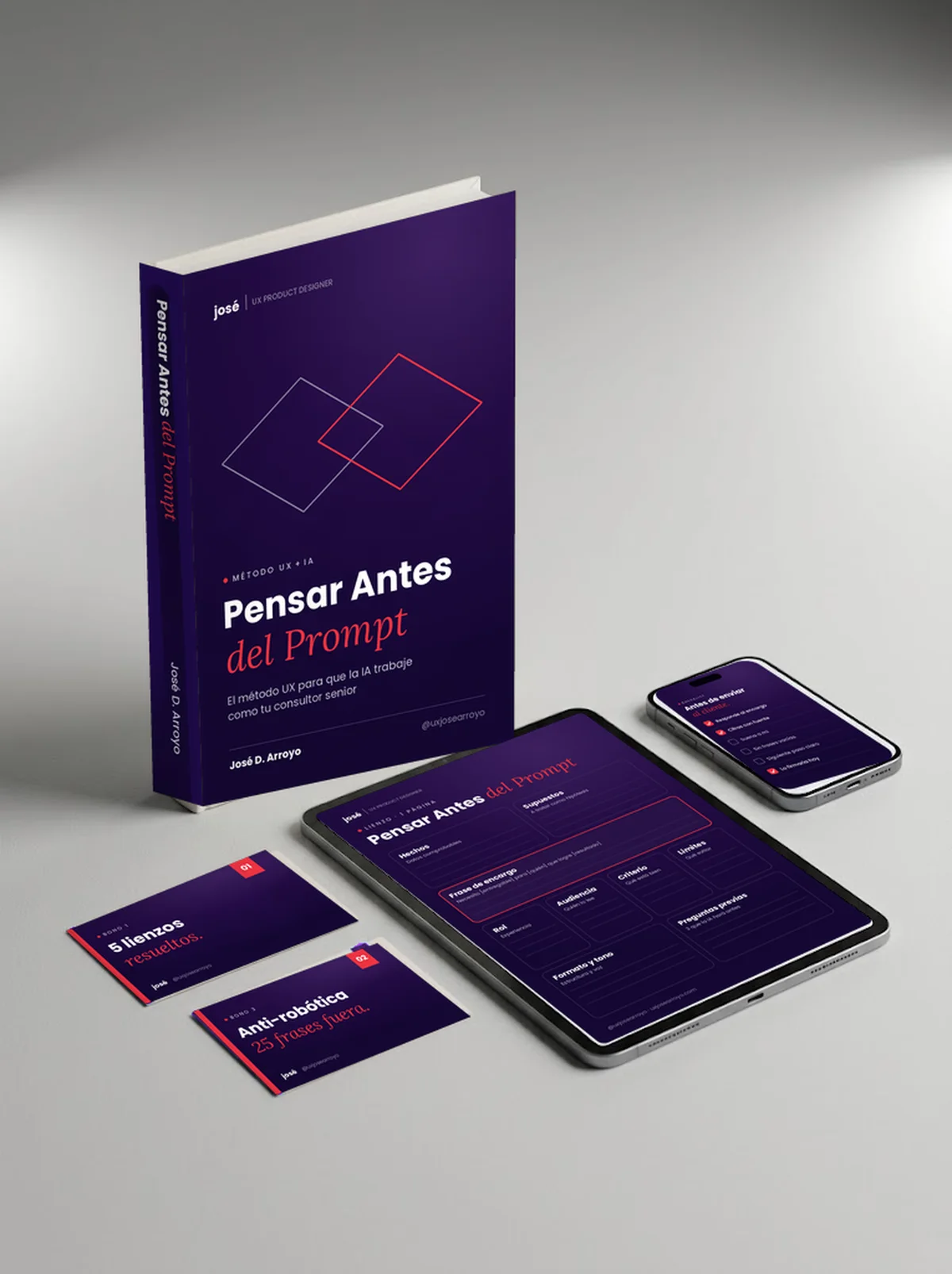 Ebook Pensar Antes del Prompt, lienzo en tablet, checklist en celular y tarjetas de bonos
